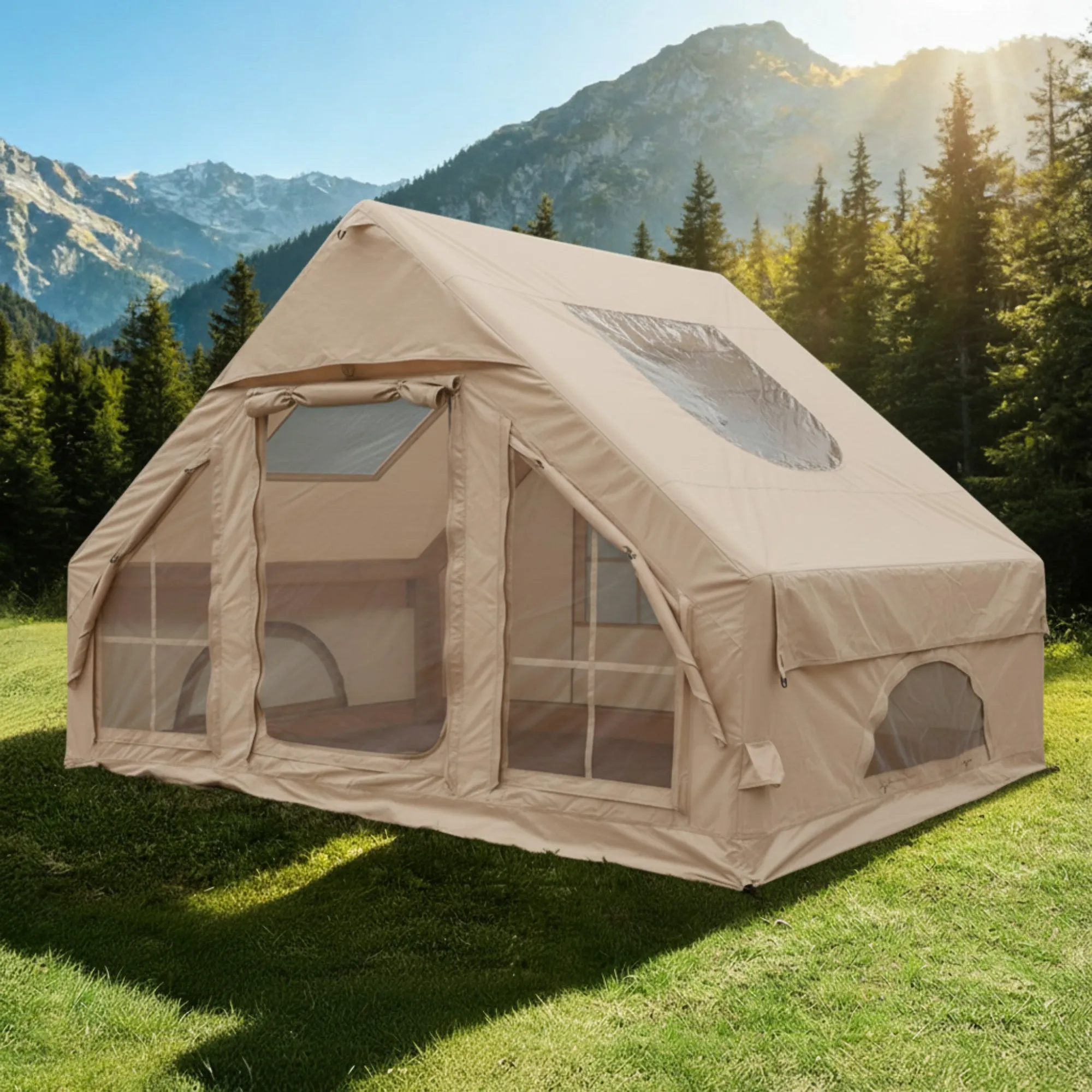 Best 4-6 person inflatable tent set up in the wild, acting as a mobile family cabin for off-grid camping