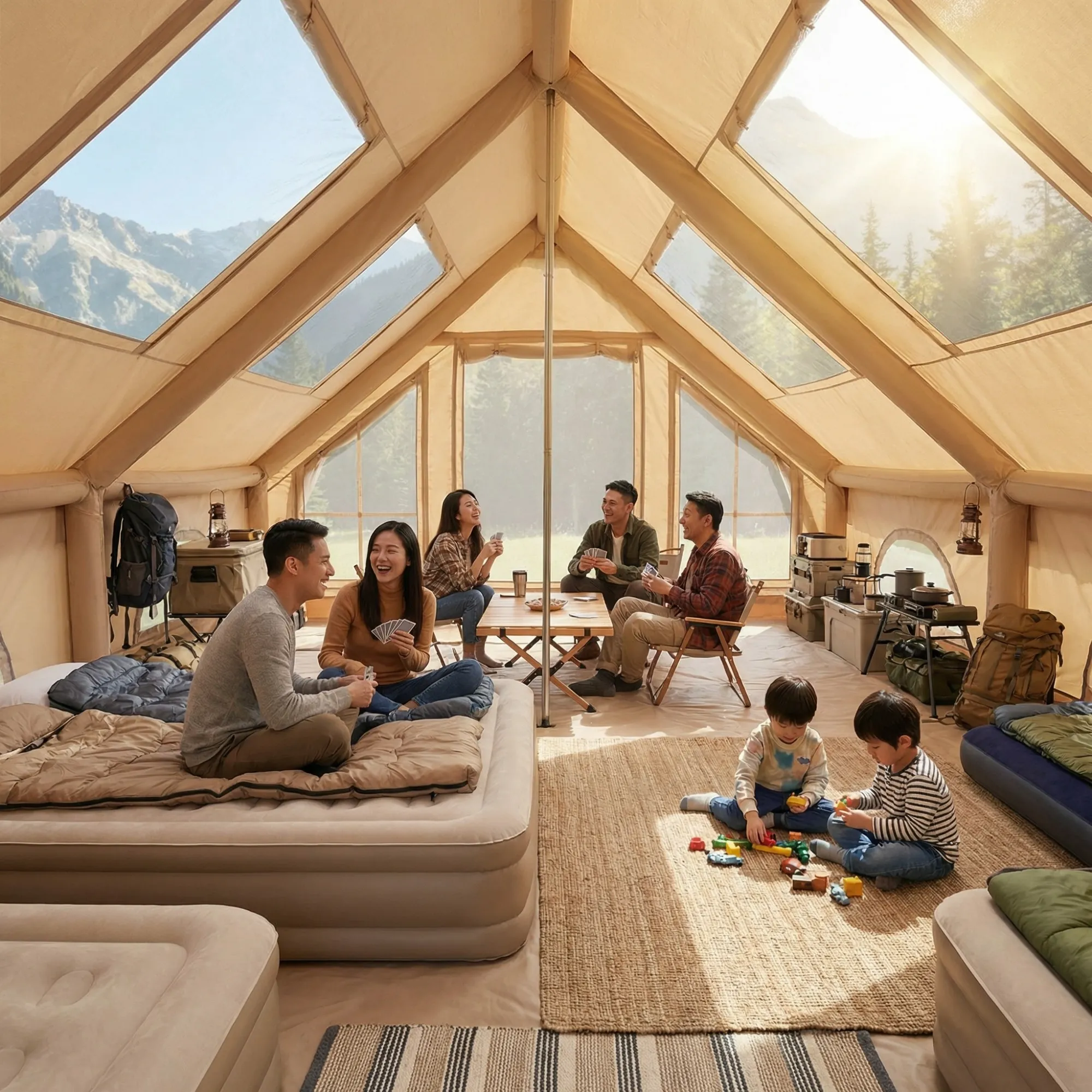 Interior of the 4-6 person inflatable cabin tent showing price and value